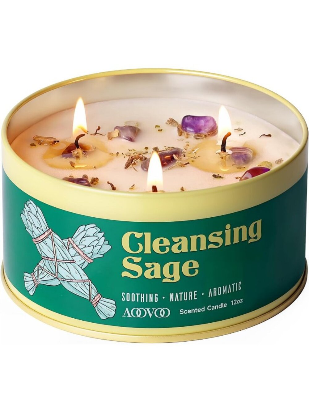 Large 12oz Sage Candle with Crystals & Leaves - Aromatherapy for Meditation